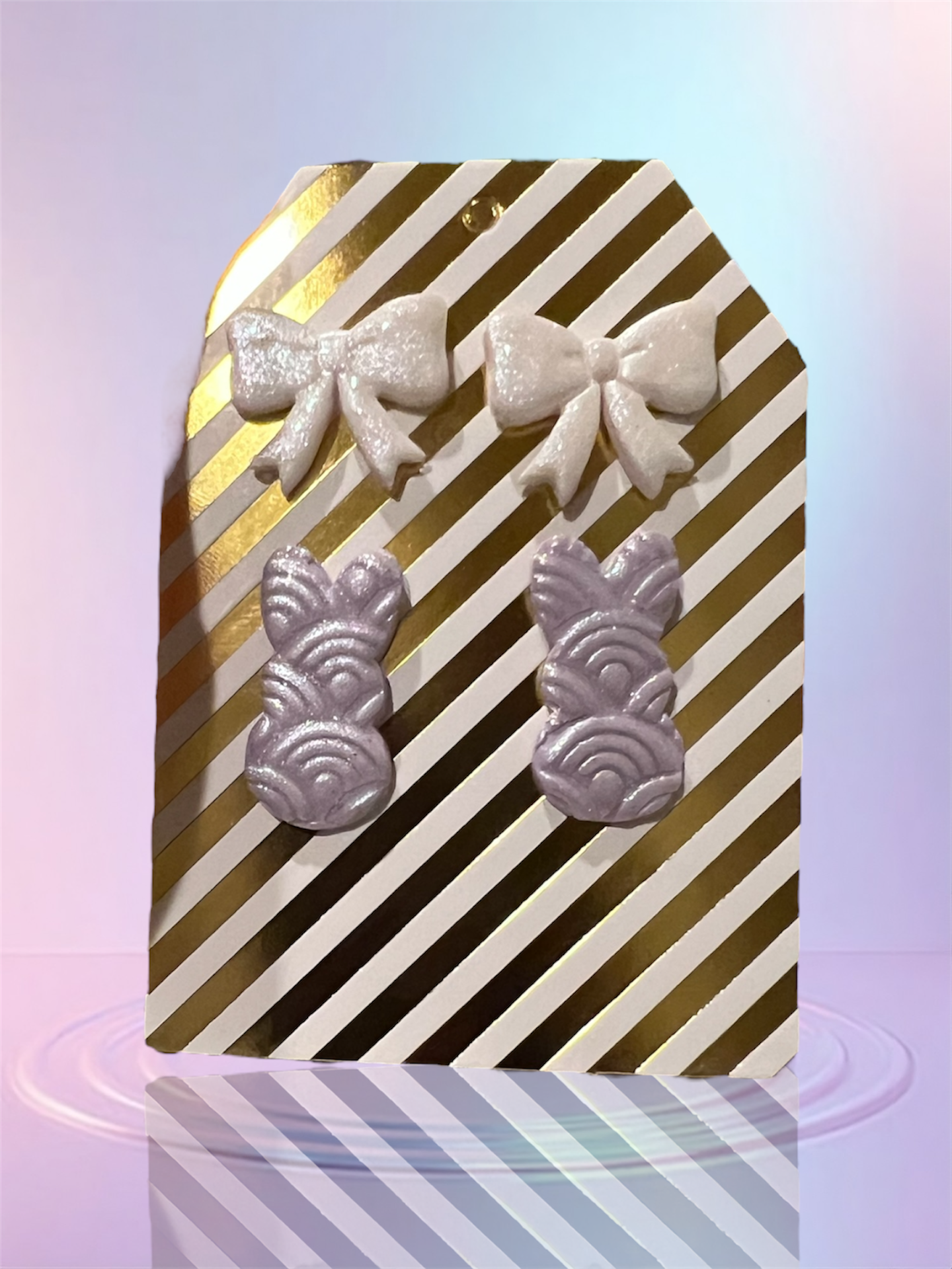 White Shimmer Bow studs & Lilac Shimmer Textured Bunny studs