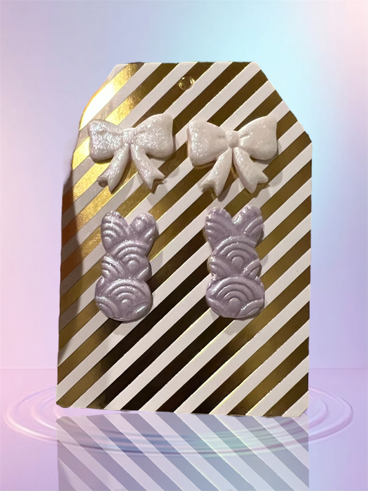 White Shimmer Bow studs & Lilac Shimmer Textured Bunny studs