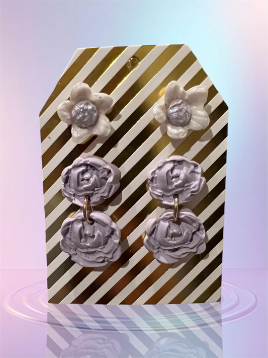 Lilac Rose Dangles and Small White Flower Studs