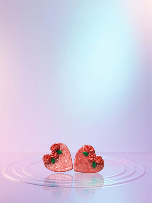 Coral Hearts with Roses Studs