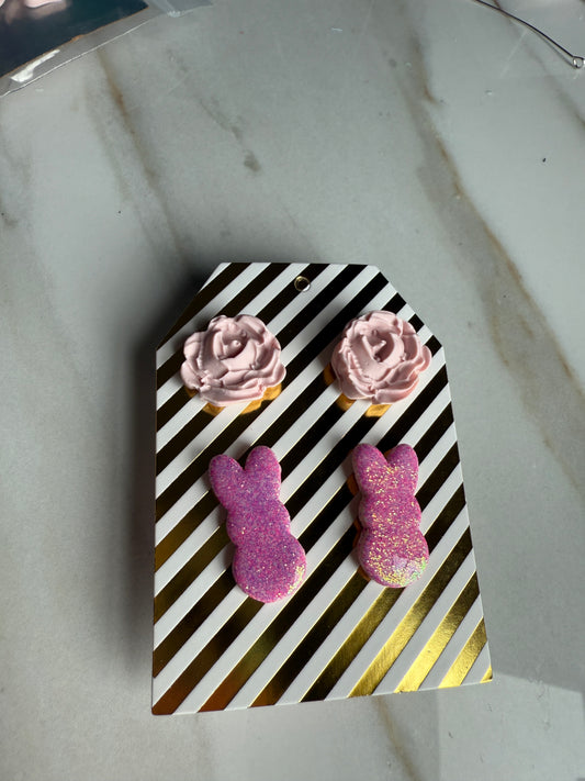 Sparkly Marshmallow Bunny Studs and Rose Studs