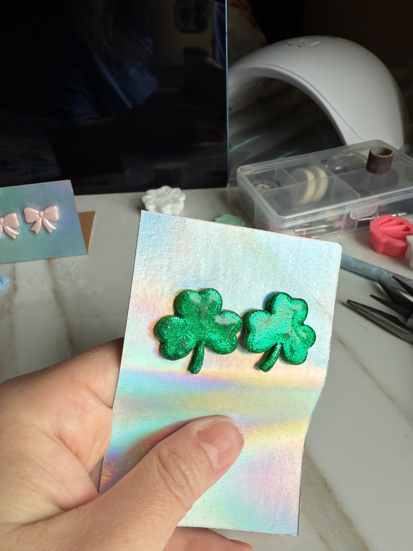 Green Glittery Shamrock Studs