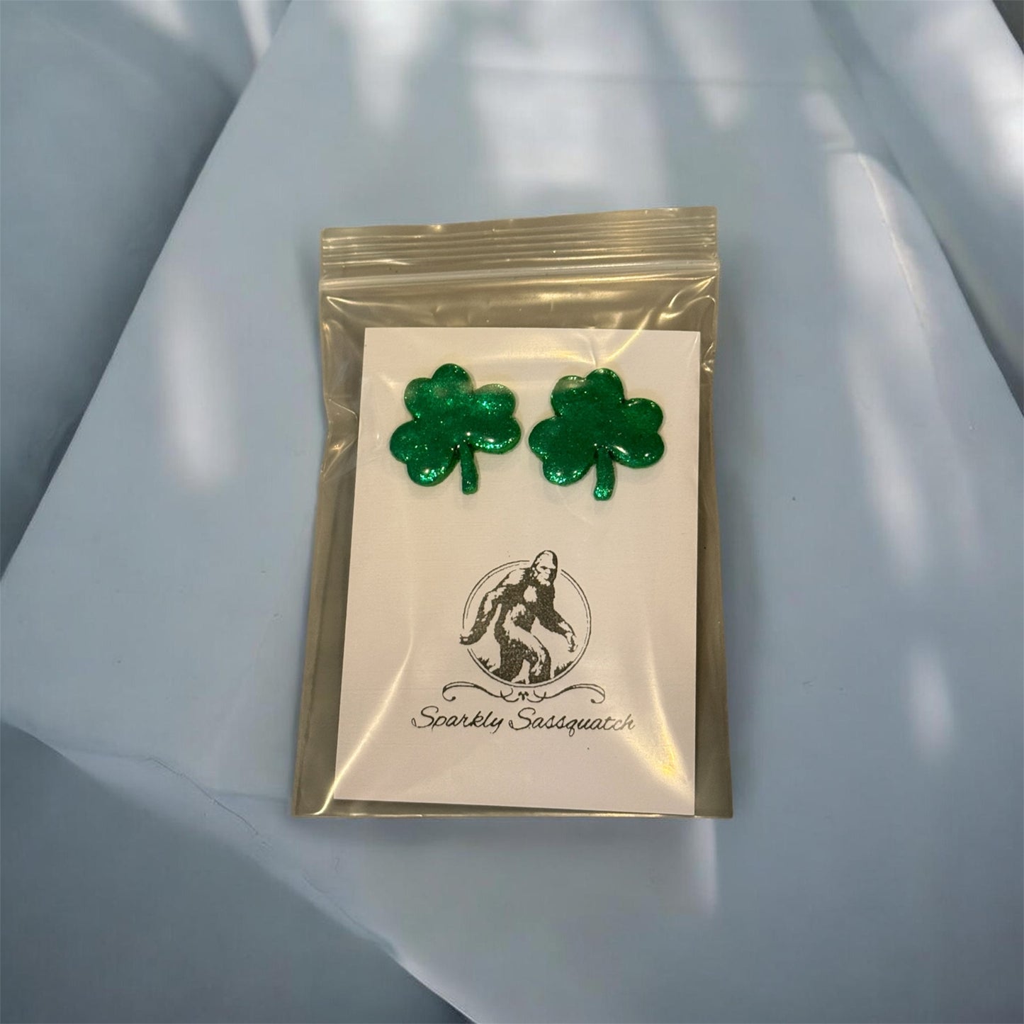 Green Glittery Shamrock Studs