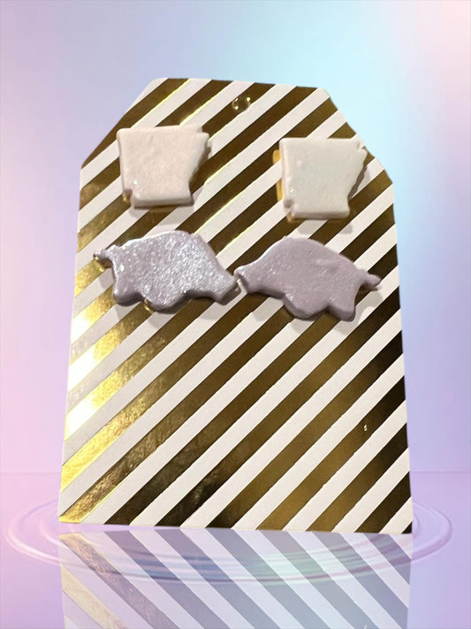 Shimmery State studs and Lilac Razorback studs